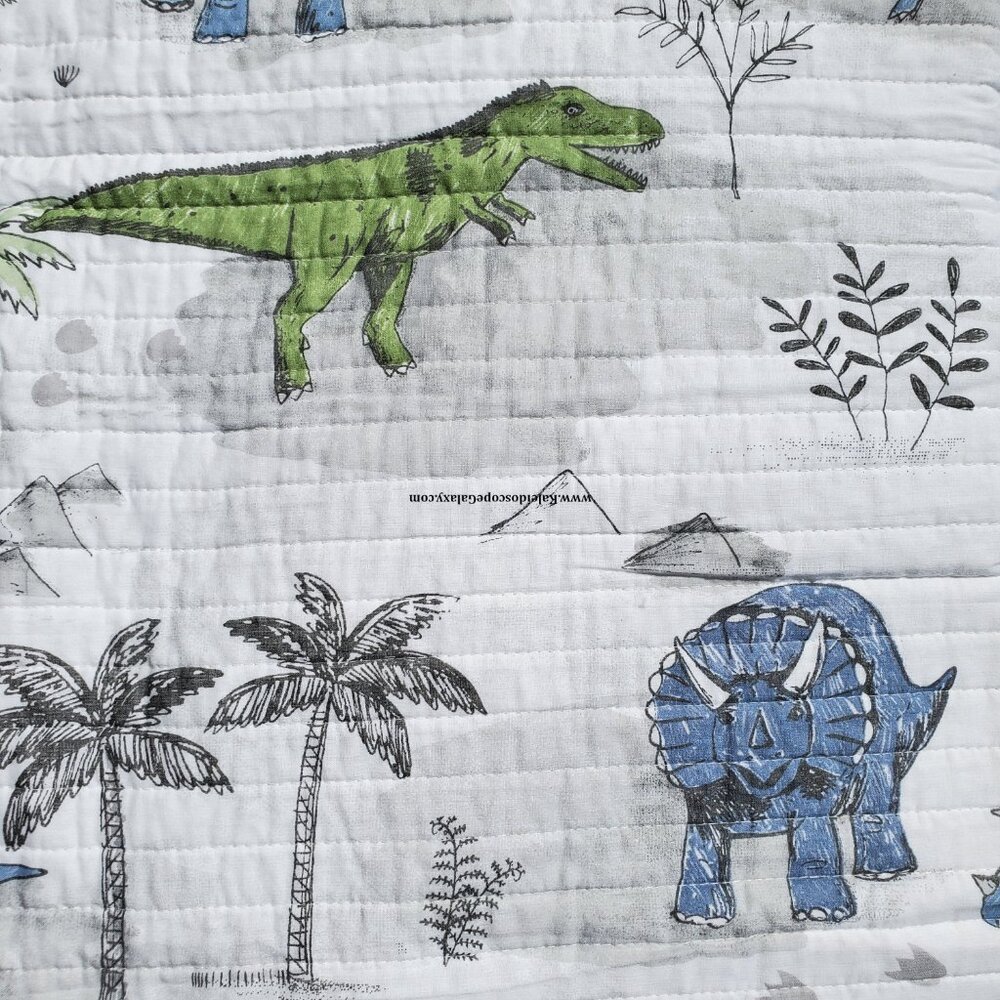 5 Piece Dinosaur Twin Sized Quilt ~ Sheets ~ Shams ~ Gray Blue Green ~ Dinosuars